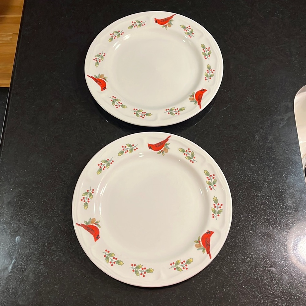 Gibson WINTER BIRDS Dinner plate. Set of 2.   10- 1/8" Cardinal Christmas